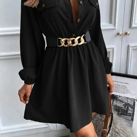 Black Casual Women's Lantern Sleeve Flap Detail Shirt Dress Without Belt - Picture 5 of 7